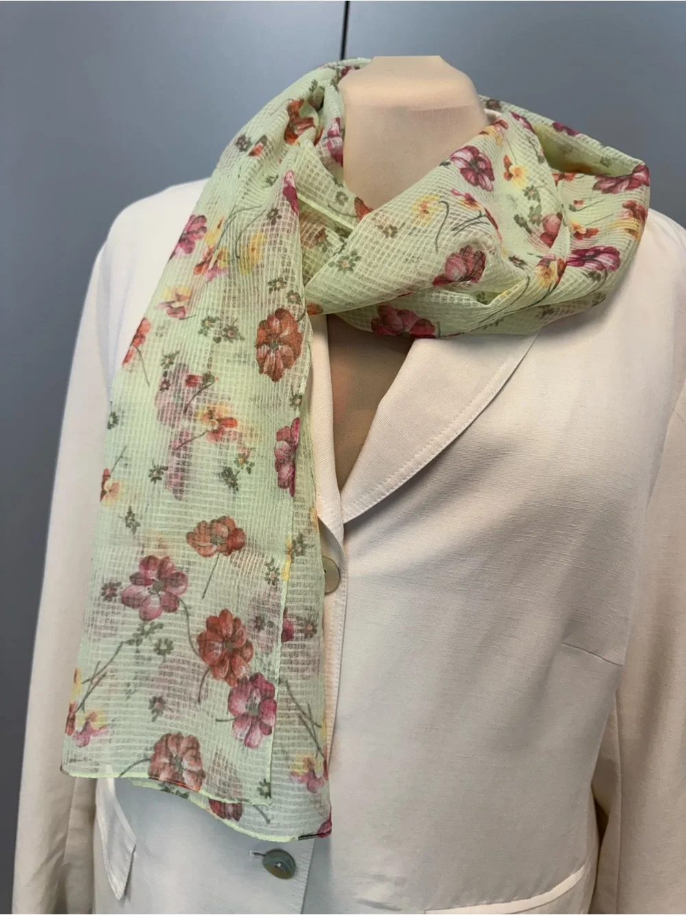 Light Green Floral Scarf - Women's Lightweight Spring Accessory